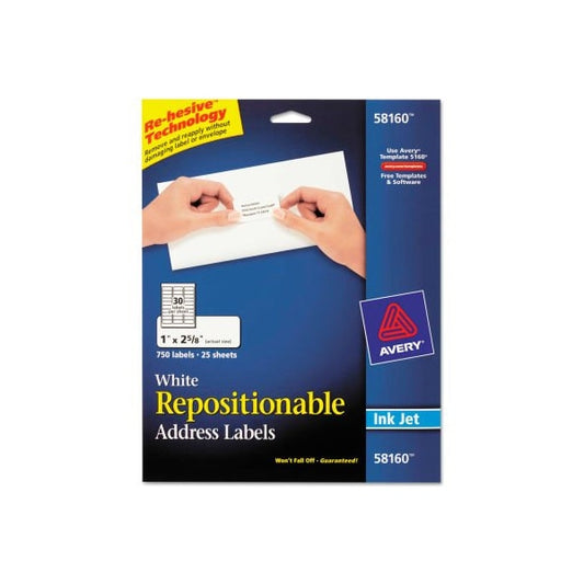 Avery® Repositionable Address Labels for Inkjet Printers, 1 x 2 5/8, White, 750/Box