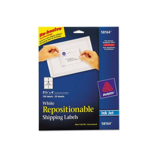 Avery® Repositionable Shipping Labels for Inkjet Printers, 3 1/3 x 4, White, 150/Box