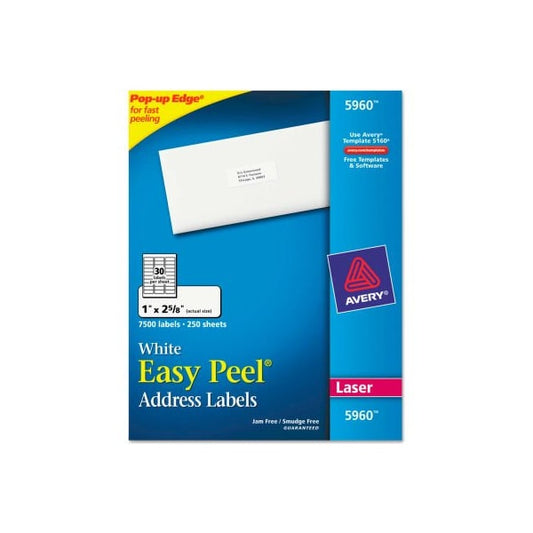 Avery® Easy Peel Laser Address Labels, 1 x 2-5/8, White, 7500/Box