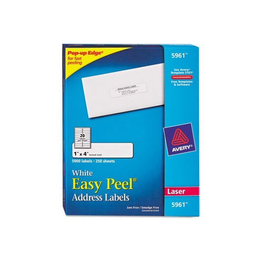 Avery® Easy Peel Laser Address Labels, 1 x 4, White, 5000/Box