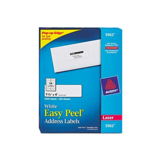 Avery® Easy Peel Laser Address Labels, 1-1/3 x 4, White, 3500/Box