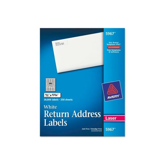 Avery® Return Address Labels, 1/2 x 1-3/4, White, 20000/Box