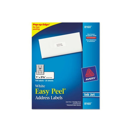 Avery® Easy Peel Inkjet Address Labels, 1 x 2-5/8, White, 750/Pack