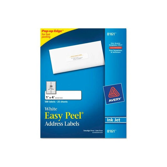 Avery® Easy Peel Inkjet Address Labels, 1 x 4, White, 500/Pack