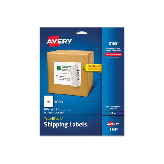Avery® White Shipping Labels With TrueBlock Technology, 8-1/2" x 11", 25 Labels Per Pack