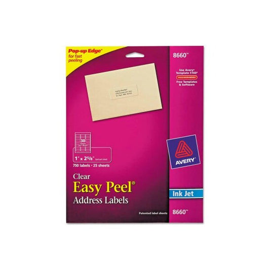 Avery® Easy Peel Inkjet Mailing Labels, 1 x 2-5/8, Clear, 750/Pack