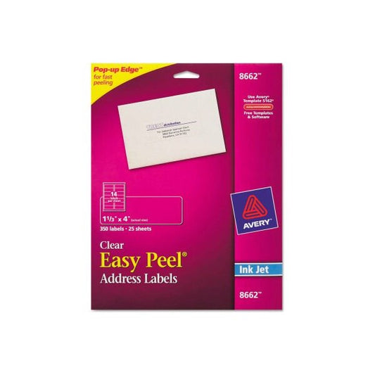 Avery® Easy Peel Inkjet Mailing Labels, 1-1/3 x 4, Clear, 350/Pack