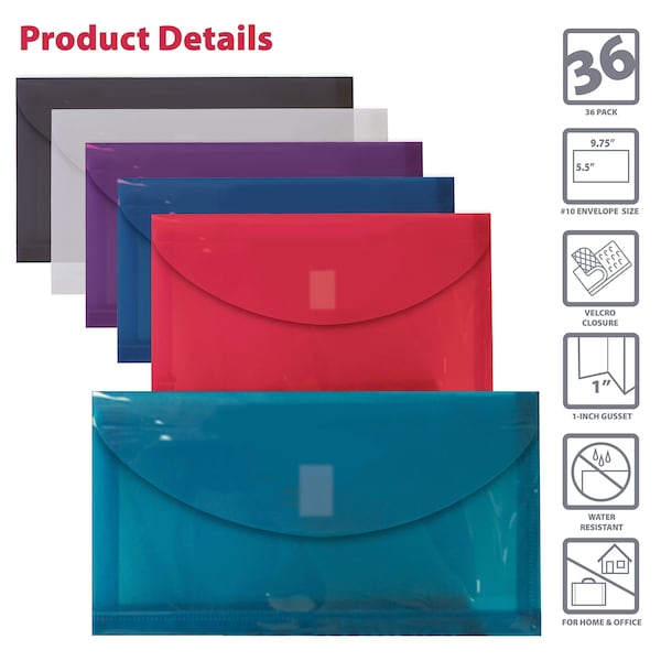 Reusable Poly Envelopes, 975in x 55in Asst'd Colors, Transparent, Side Loading, 1in Gusset, 36PK
