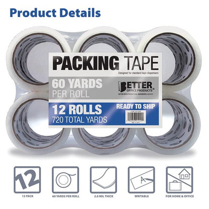 Clear Packing Tape Refill Rolls, Heavy Duty, 1.88in. x 60 Yards Per Roll, 720 Total Yards, 12PK