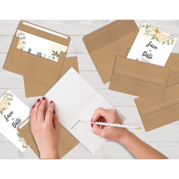 Kraft Invitation Envelopes, A7, Strong Bond Paper, Straight Flap W/Peel and Stick Closure, 100PK