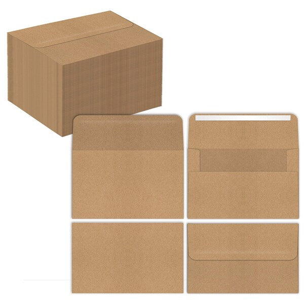 Kraft Invitation Envelopes, A7, Strong Bond Paper, Straight Flap W/Peel and Stick Closure, 100PK