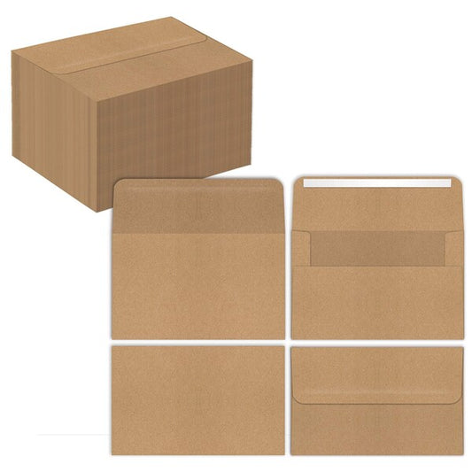 Kraft Invitation Envelopes, A7, Strong Bond Paper, Straight Flap W/Peel and Stick Closure, 100PK