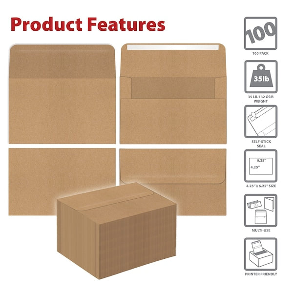 Kraft Invitation Envelopes, A4 Size, Strong Bond Paper, Square Flap W/Peel & Stick Closure, 100PK