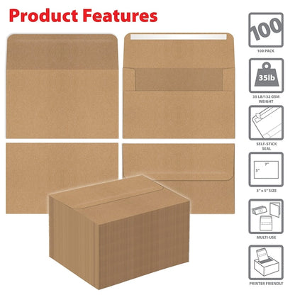 Kraft Invitation Envelopes, A7, Strong Bond Paper, Straight Flap W/Peel and Stick Closure, 100PK