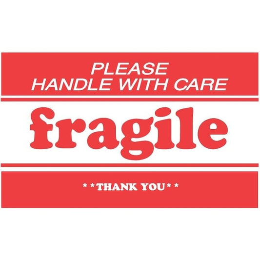 Label, DL1270, FRAGILE PLEASE HANDLE WITH CARE THANK YOU, 3" X 5"
