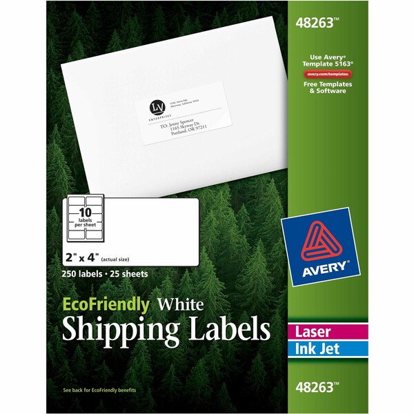 EcoFriendly Mailing Labels, Inkjet/Laser Printers, 2 x 4, White, PK250