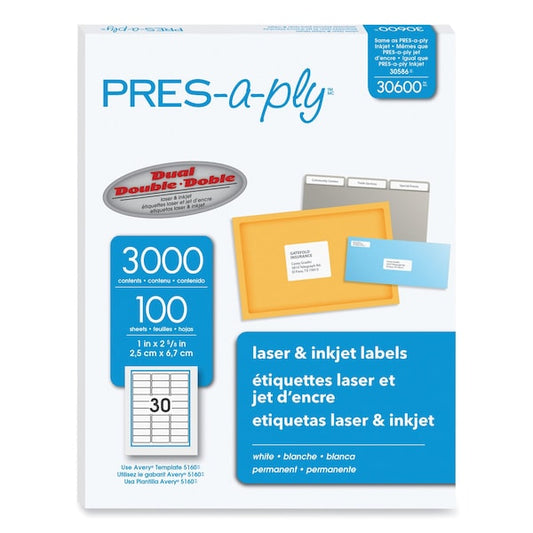 Labels, Laser Printers, 1 x 2.63, White, PK3000