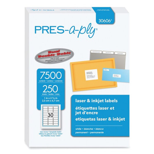 Labels, Laser Printers, 1 x 2.63, White, PK7500
