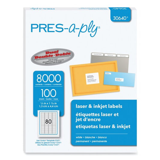 Labels, Inkjet/Laser Printers, 0.5 x 1.75, White, PK8000