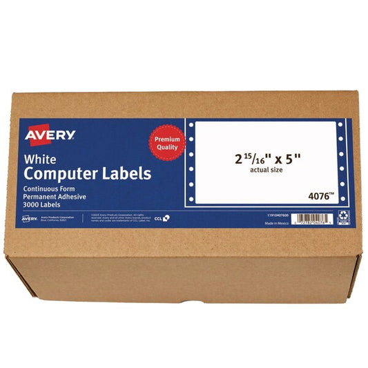 Dot Matrix Printer Mailing Labels, Pin-Fed, 2.94 x 5, White, PK3000