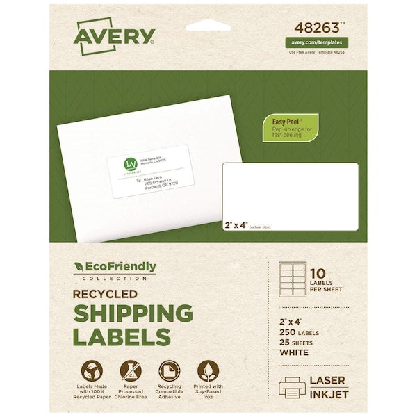 EcoFriendly Mailing Labels, Inkjet/Laser Printers, 2 x 4, White, PK250