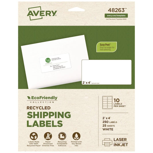 EcoFriendly Mailing Labels, Inkjet/Laser Printers, 2 x 4, White, PK250