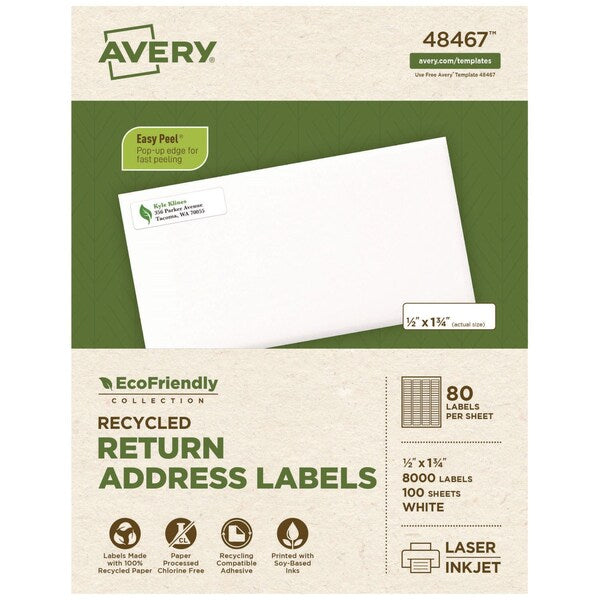 EcoFriendly Mailing Label, Inkjet/Laser Printers, 0.5x1.75, Wht, PK800