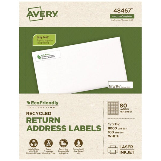 EcoFriendly Mailing Label, Inkjet/Laser Printers, 0.5x1.75, Wht, PK800