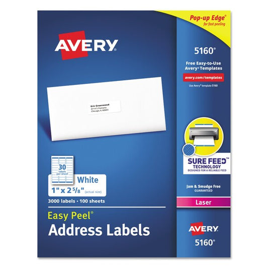 Easy Peel White Address Labels w/ Sure Feed Technology, Laser Printers, 1 x 2.63, White, 3000PK