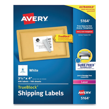 Shipping Labels w/TrueBlock Tech, Laser Printers, 3.33x4, White, PK600