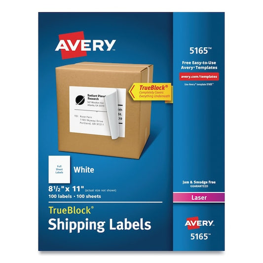 Shipping Labels w/TrueBlock Tech, Laser Printers, 8.5x11, White, PK100