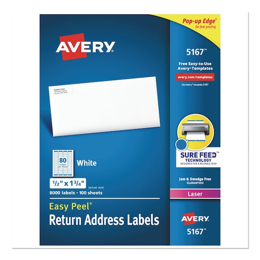 Easy Peel Wht Address Labels w/Sure Feed, Laser, 0.5x1.75, Wht, PK8000