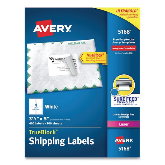 Shipping Labels w/TrueBlock Tech, Laser Printers, 3.5x5, White, PK400