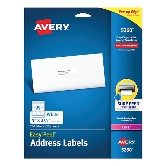 Easy Peel White Address Labels, Laser Printers, 1 x 2.63, White, PK750