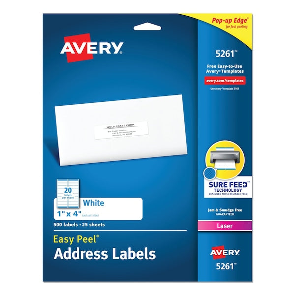 Easy Peel White Address Labels, Laser Printers, 1 x 4, White, PK500
