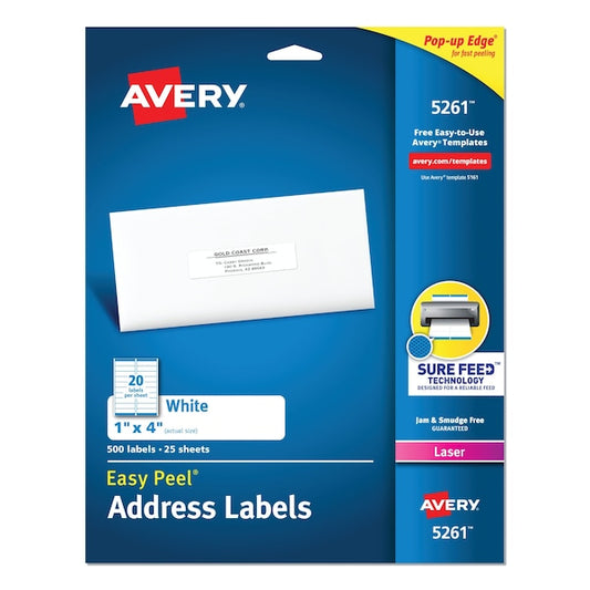 Easy Peel White Address Labels, Laser Printers, 1 x 4, White, PK500