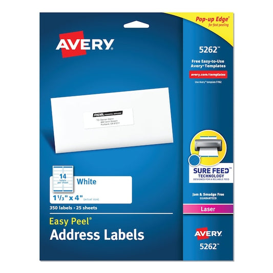 Easy Peel White Address Labels, Laser Printers, 1.33 x 4, White, PK350