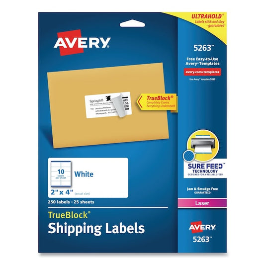 Shipping Labels w/TrueBlock, Laser Printers, 2 x 4, White, PK250