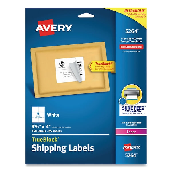 Shipping Labels w/TrueBlock, Laser Printers, 3.33 x 4, White, PK150