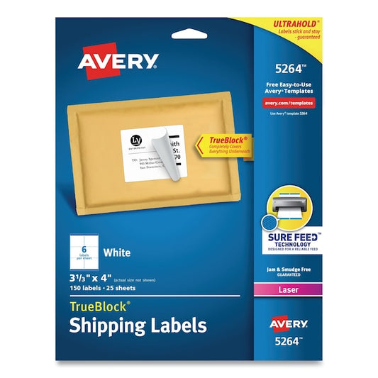 Shipping Labels w/TrueBlock, Laser Printers, 3.33 x 4, White, PK150