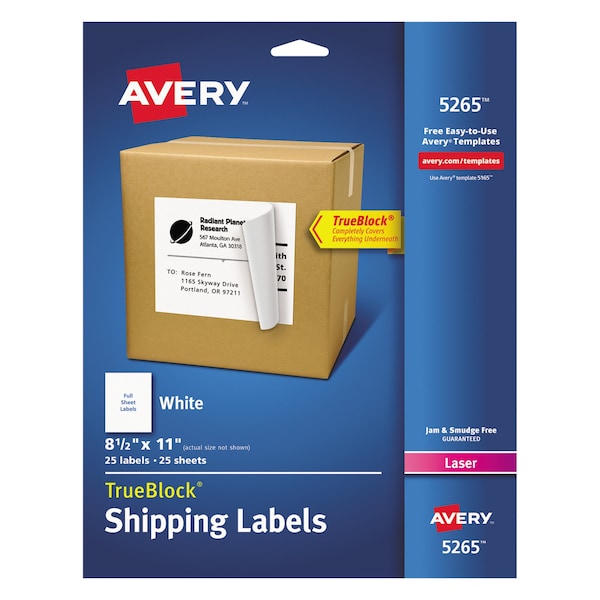 Shipping Labels w/TrueBlock Tech, Laser Printers, 8.5x11, White, PK25