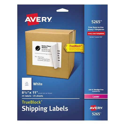 Shipping Labels w/TrueBlock Tech, Laser Printers, 8.5x11, White, PK25
