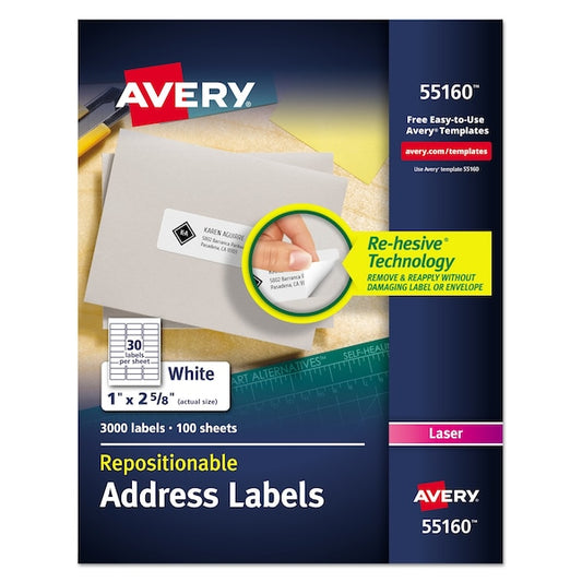 Repositionable Address Labels w/SureFeed, Laser, 1x2.625, Wht, PK3000