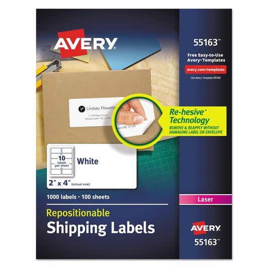 Repositionable Shipping Labels, Inkjet/Laser, 2x4, White, PK1000