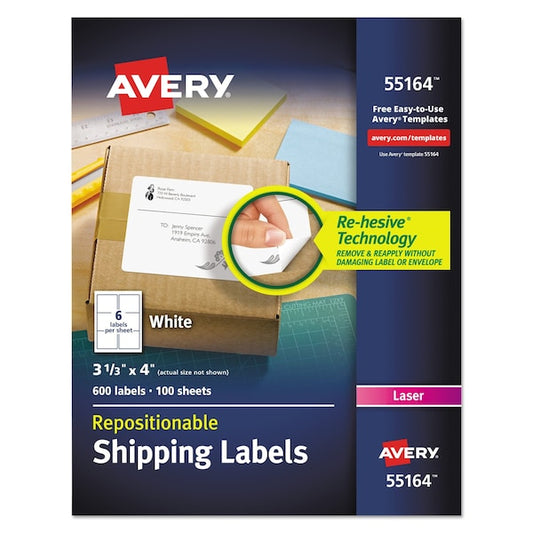 Repositionable Shipping Labels w/SureFeed, Laser, .33x4, White, PK600