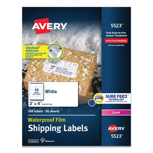 Waterproof Shipping Label w/TrueBlock/Sure Feed, Laser, 2x4, Wt, PK500