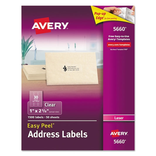 Clear Easy Peel Mailing Label w/Sure Feed, Laser, 1x2.63, Clr, PK1500