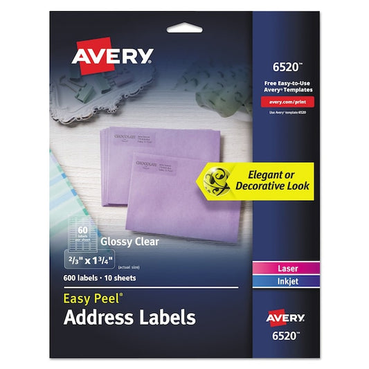Glossy Clear Easy Peel Mailing Labels, Inkjet/Laser, 0.66x1.75, PK600