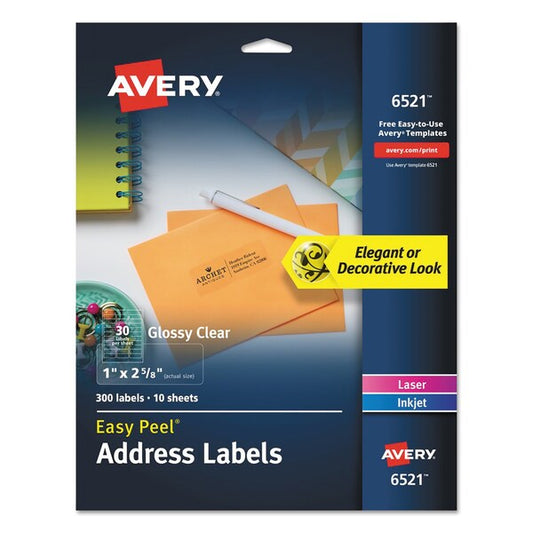 Glossy Clear Easy Peel Mailing Labels, Inkjet/Laser, 1x2.63, PK300
