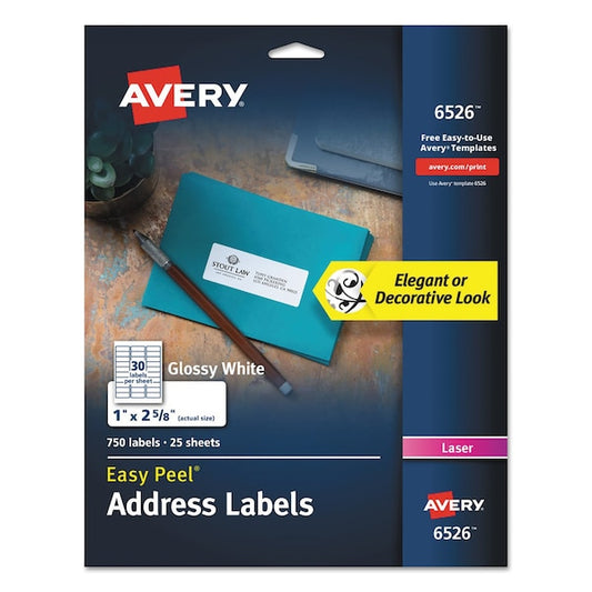 Glossy White Easy Peel Mailing Label w/Sure Feed, Laser, 1x2.63, PK750
